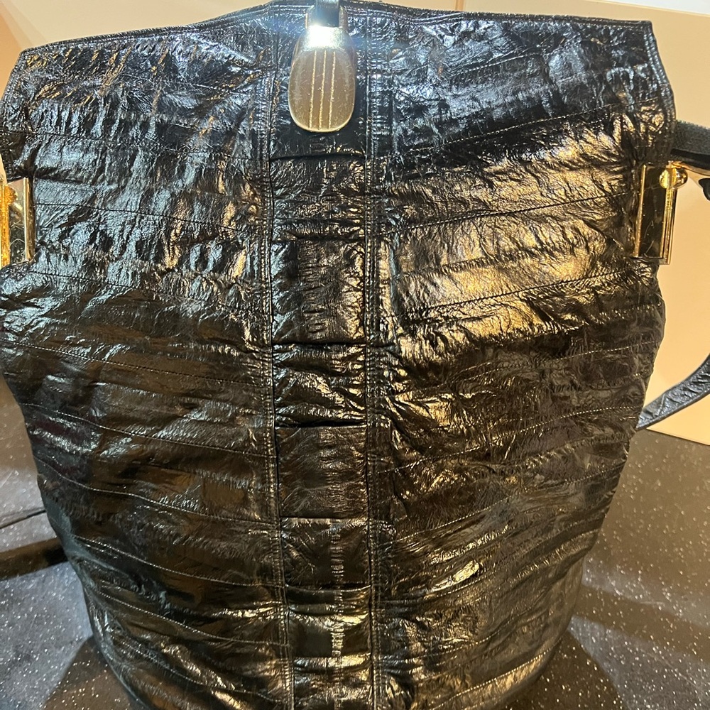 Elegant Black Genuine Eel Skin Women's Bag with Gold Hardware Borim